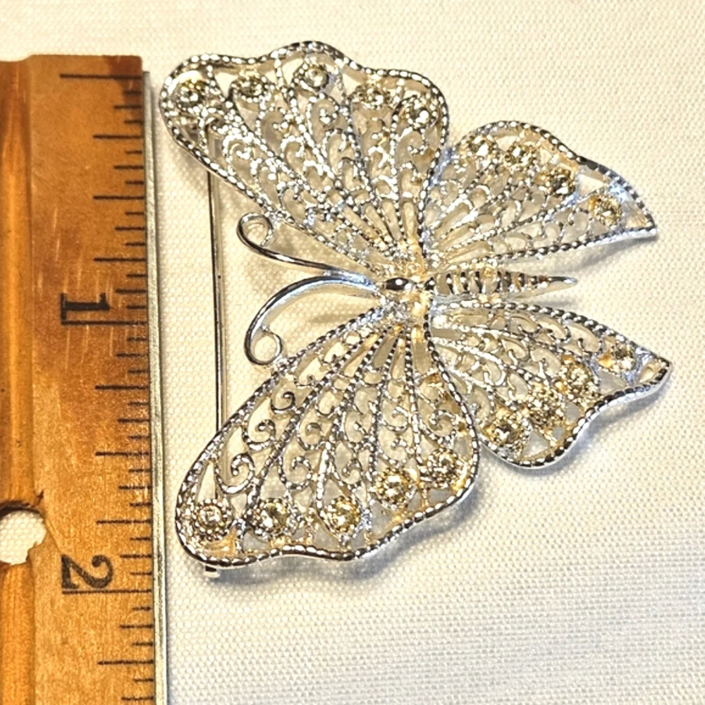 Vintage Silver Tone Rhinestone Filigree Butterfly Brooch